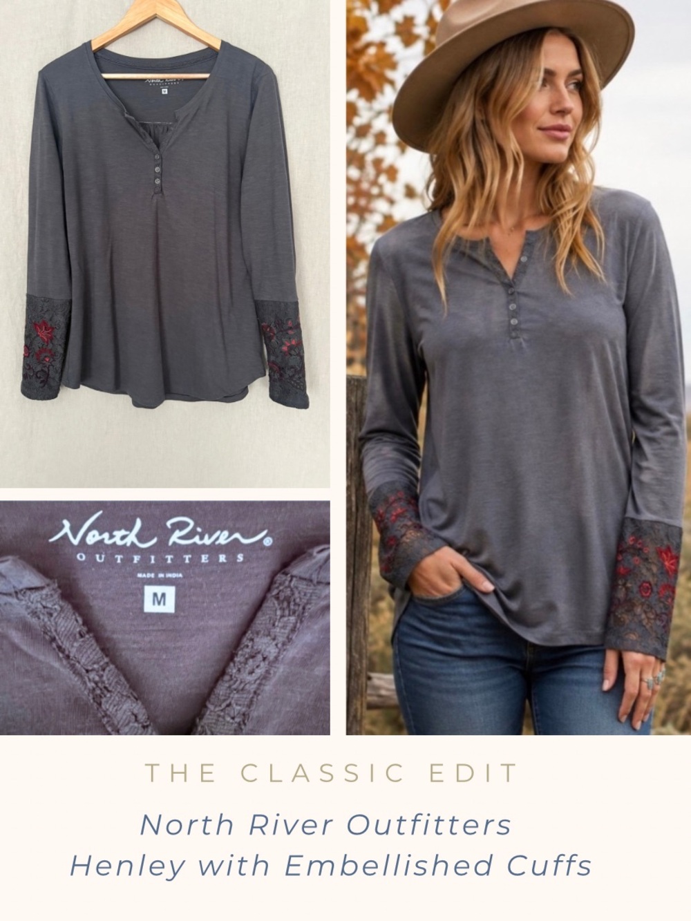 North River Outfitters | Gray Henley Embroidered Cuff | Long Sleeve Western | M